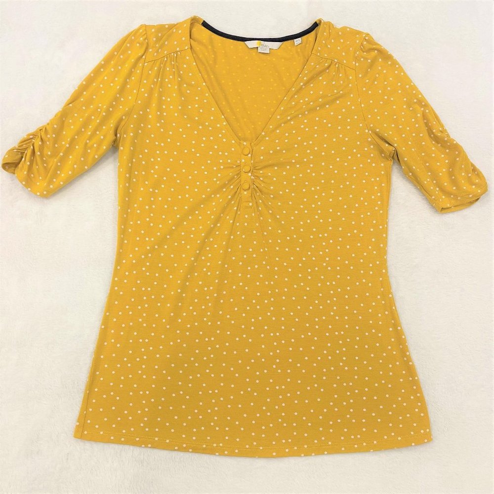 BODEN Women's Mustard Yellow White Dot Ruched 1/2 Sleeve Top Stretch Size 8 EUC
